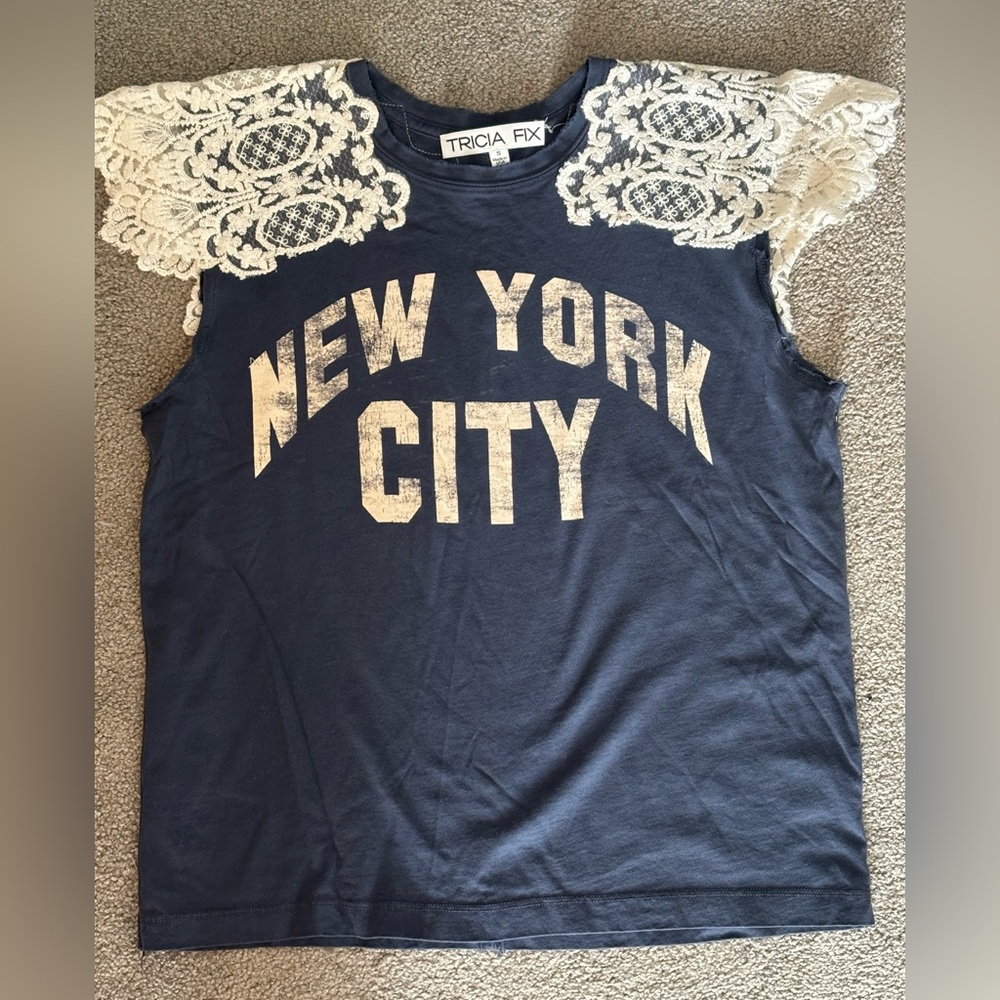 Tricia Fix for Free People Size S Blue Graphic Lace Top in Navy